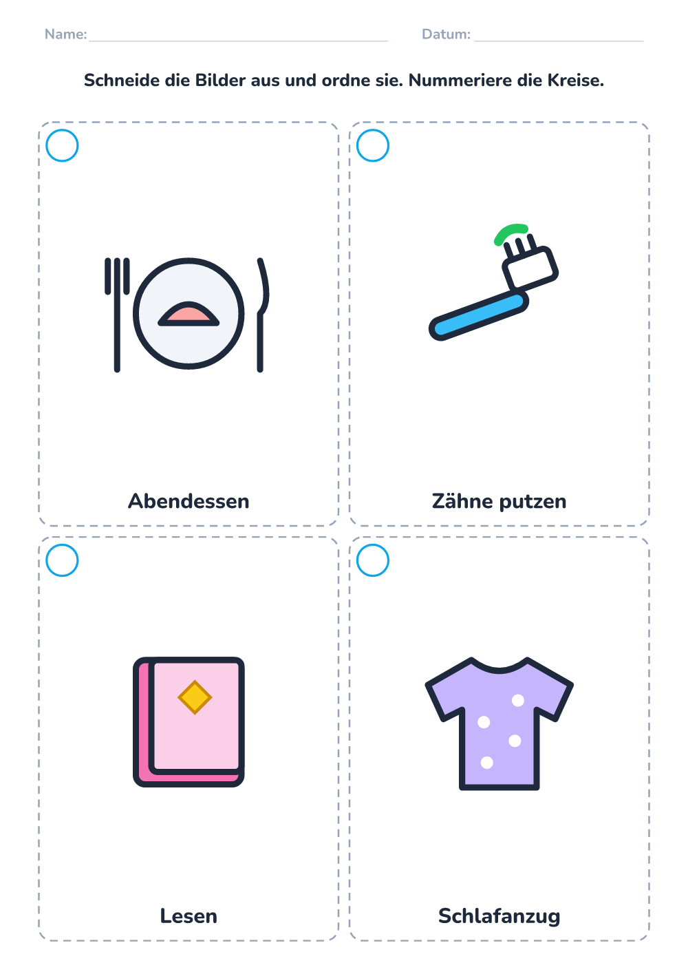 Bildergeschichte ordnen — Abend (mittel, zum Ausdrucken)