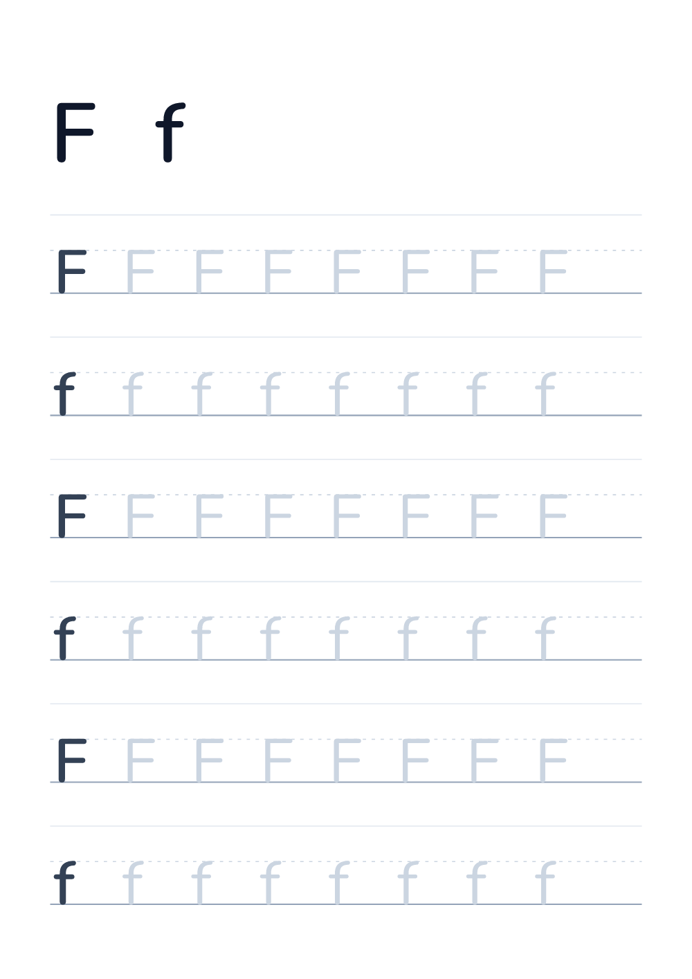 Scheda per imparare a scrivere la lettera F — alfabeto English (da stampare)