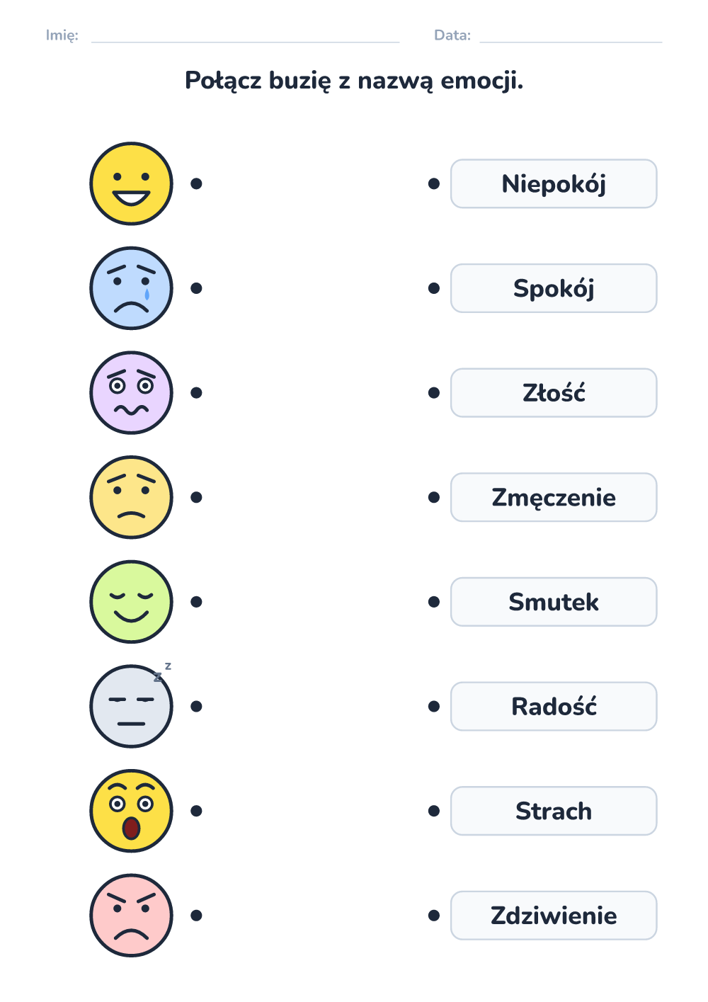 Emocje – karta pracy — połącz buzię z nazwą (trudny, do druku)