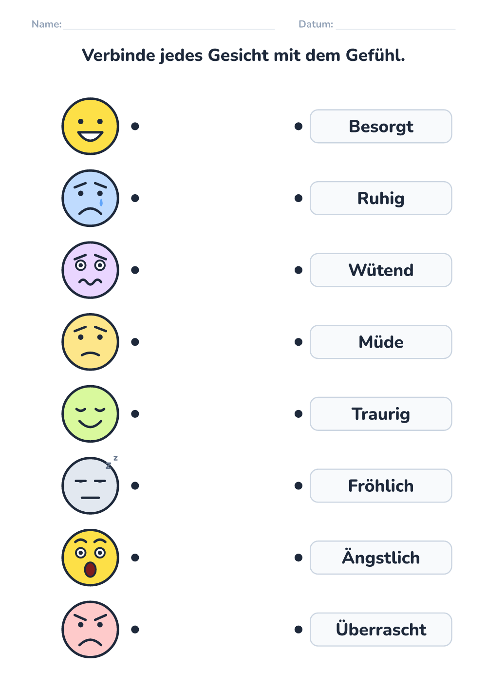 Gefühle – Arbeitsblatt — Gesicht und Wort verbinden (schwer, zum Ausdrucken)