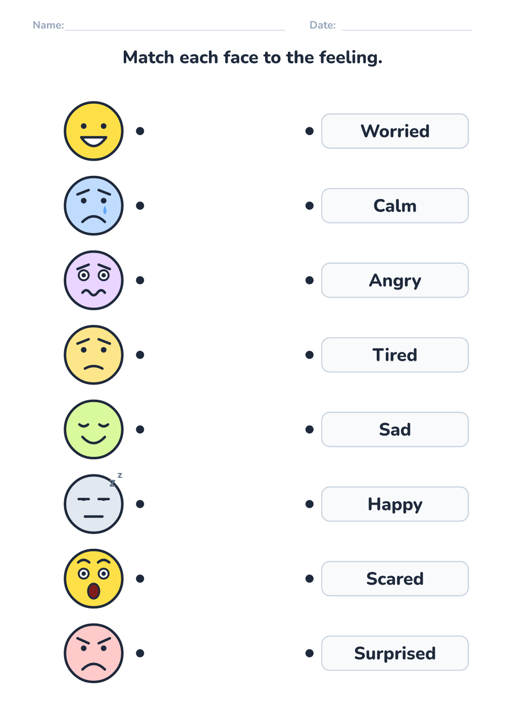 Emotions worksheet — match face and word (hard, printable)