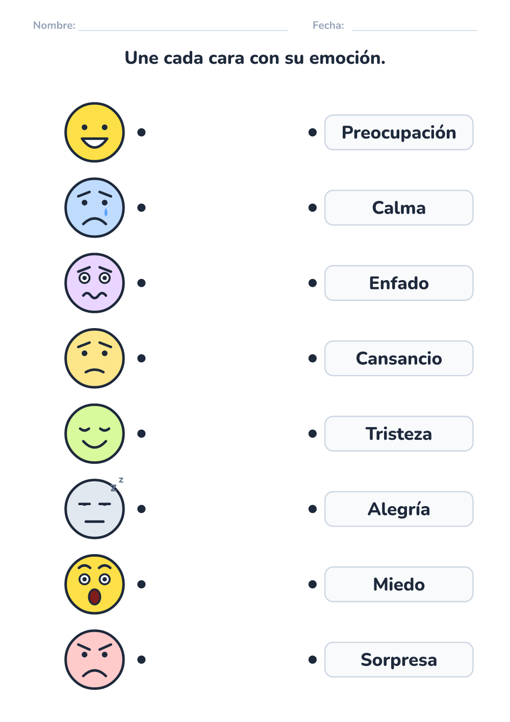 Emociones – ficha — une cara y nombre (difícil, para imprimir)
