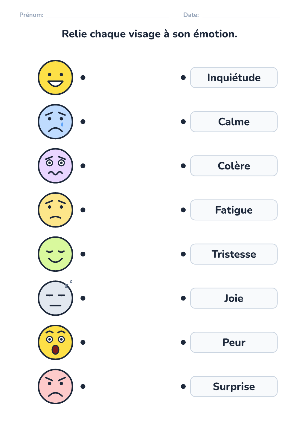 Émotions – fiche — relie visage et mot (difficile, à imprimer)