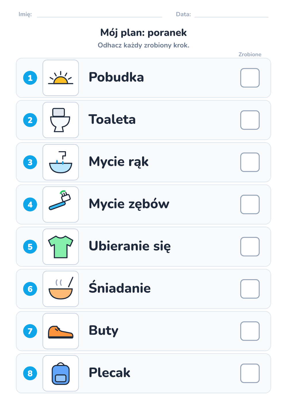 Plan dnia z obrazkami — poranek (trudny, do druku)