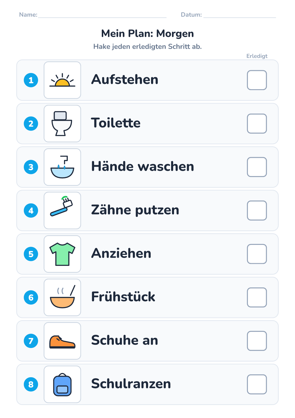 Bilder-Tagesplan — Morgen (schwer, zum Ausdrucken)