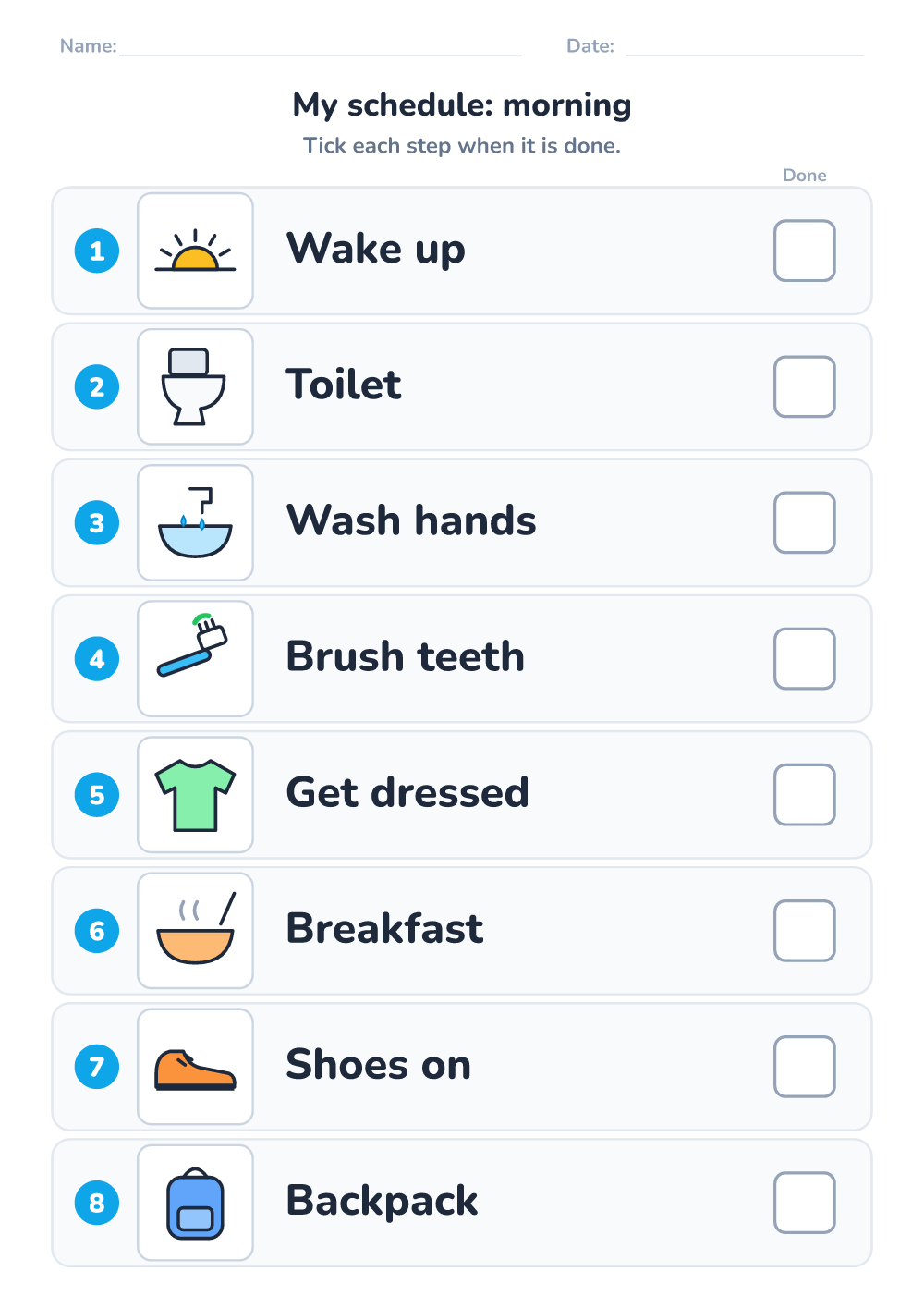 Visual schedule — morning (hard, printable)