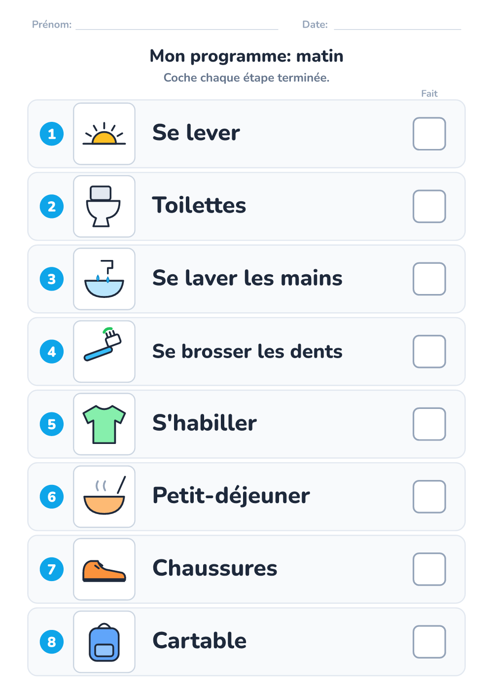 Emploi du temps visuel — matin (difficile, à imprimer)