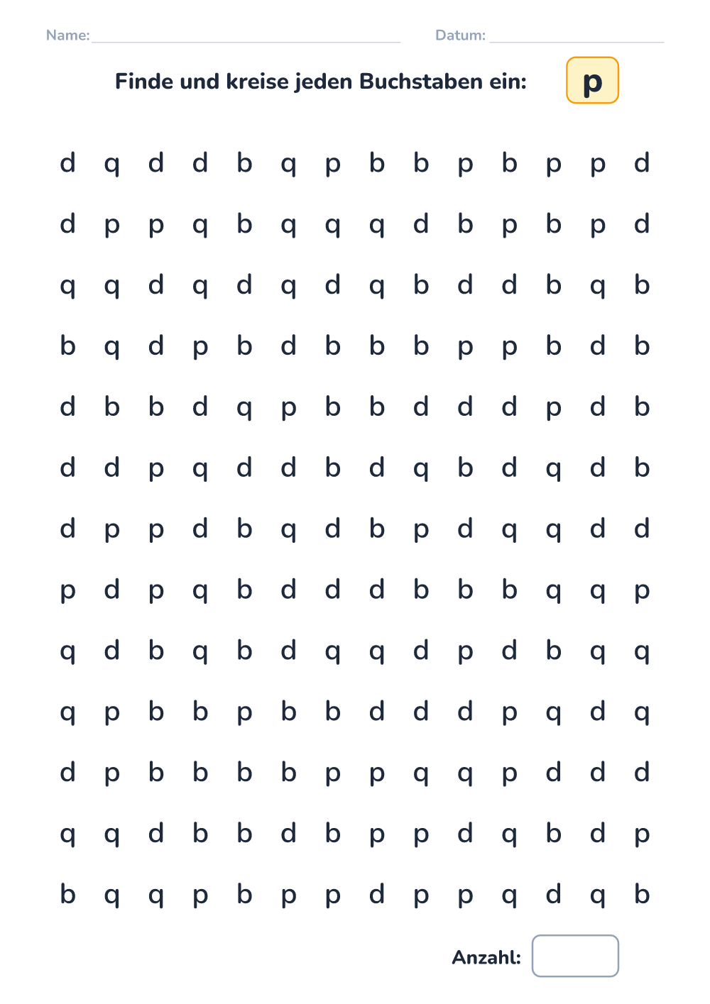 Buchstaben unterscheiden p (schwer, zum Ausdrucken)