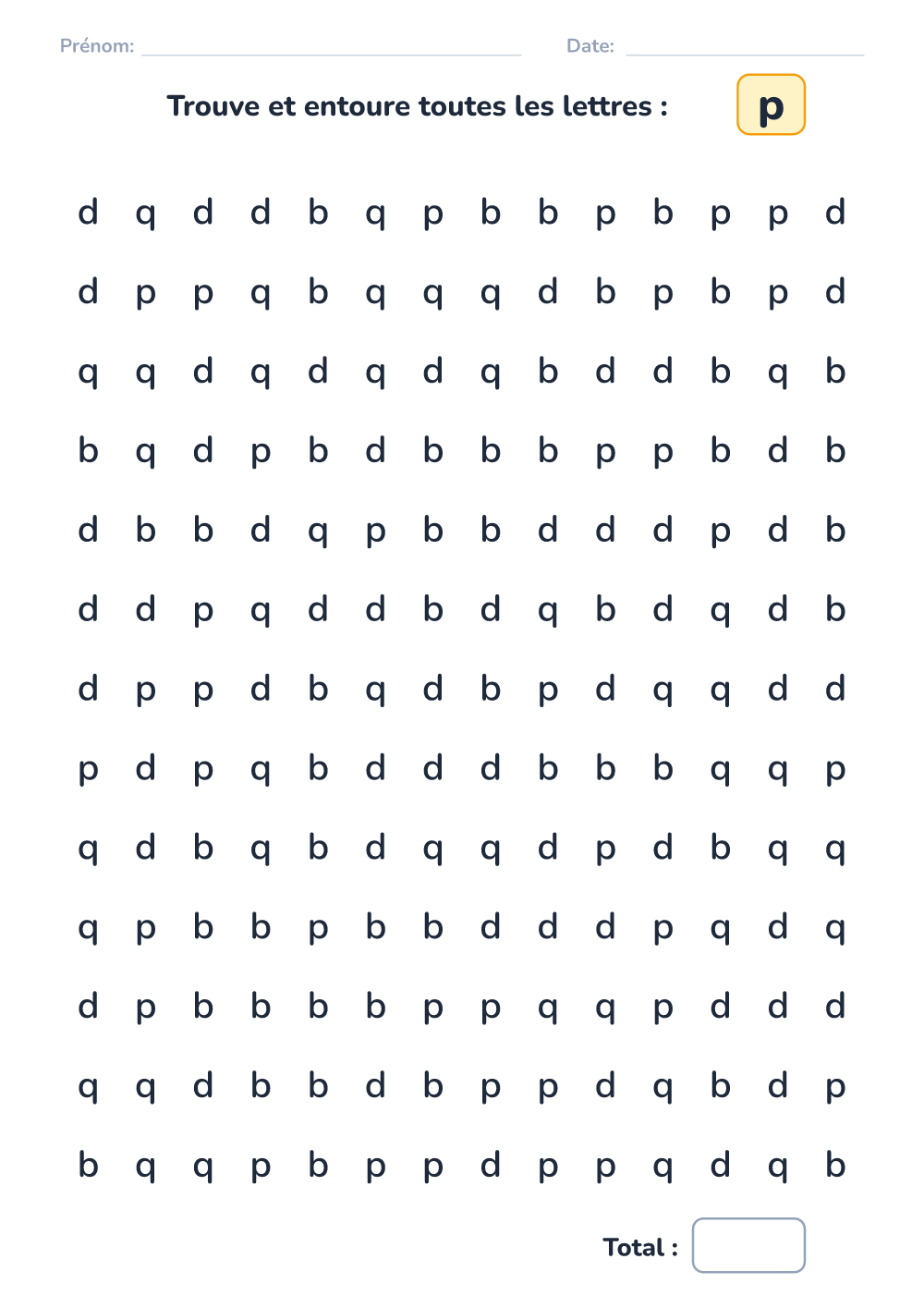 Discrimination des lettres p (difficile, à imprimer)