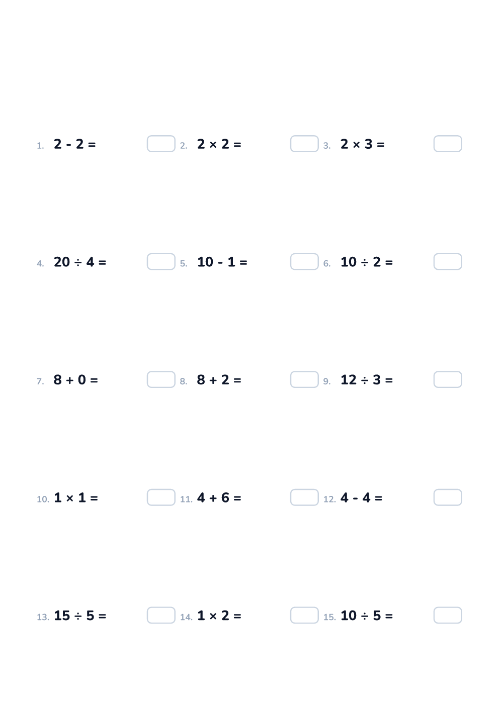 Math worksheet — Mixed operations up to 10, easy (printable)