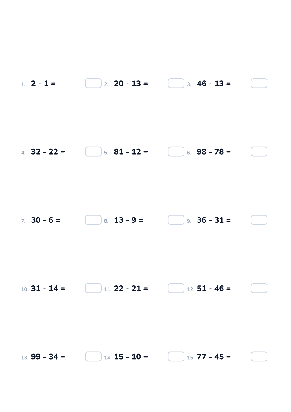 Math worksheet — Subtraction up to 100, hard (printable)