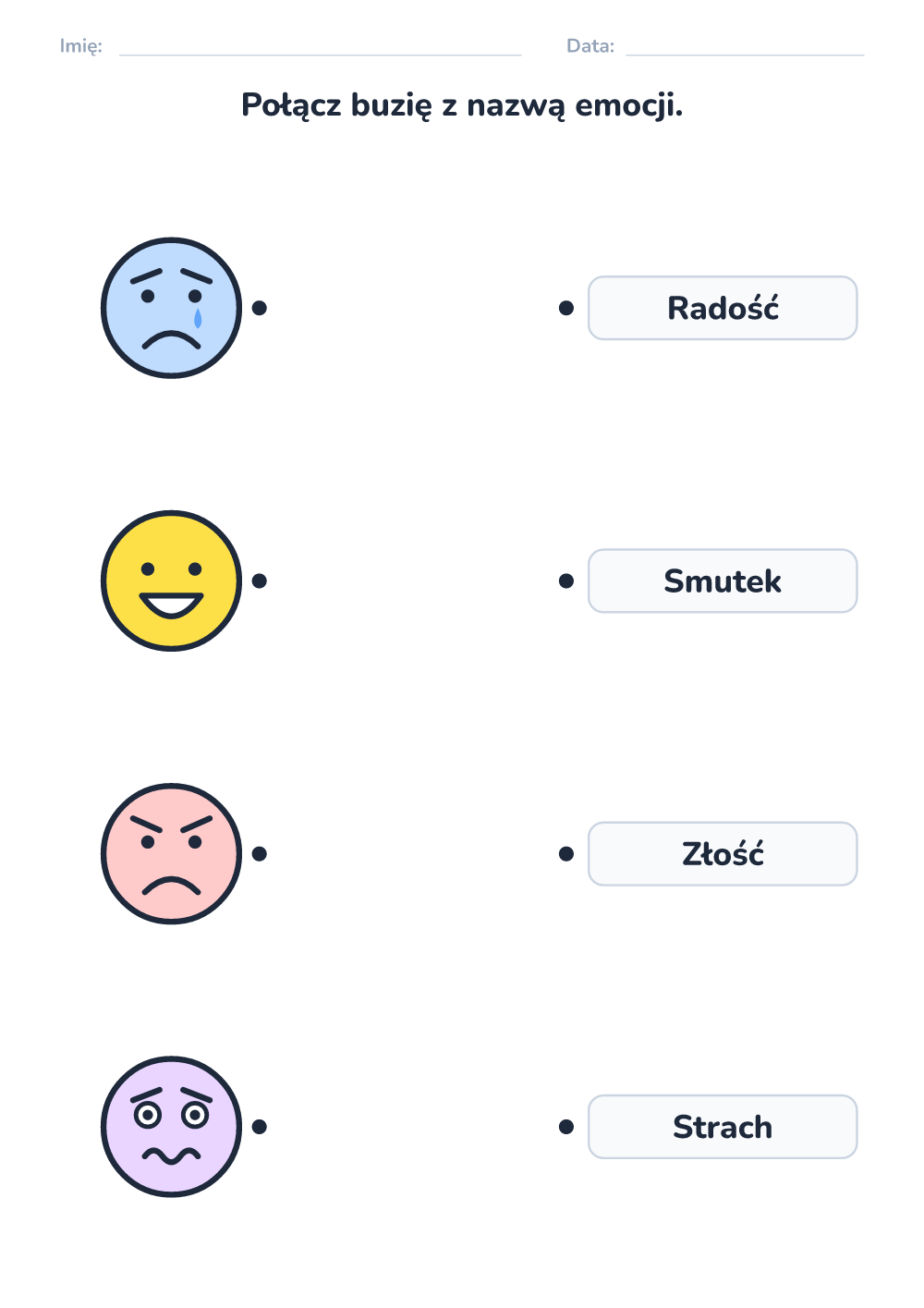 Emocje – karta pracy — połącz buzię z nazwą (łatwy, do druku)