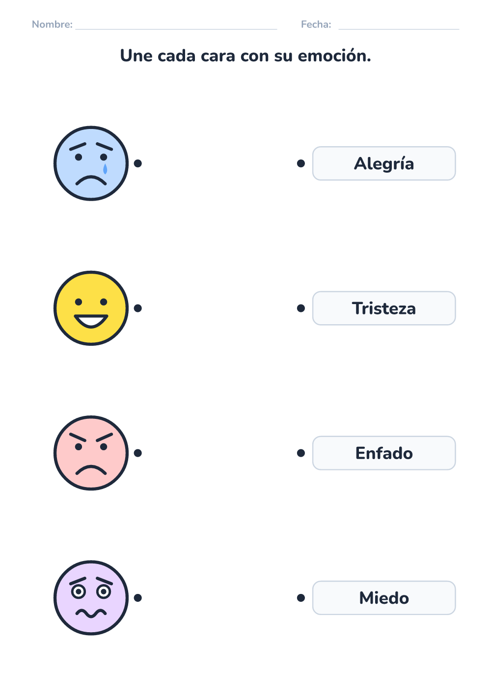 Emociones – ficha — une cara y nombre (fácil, para imprimir)