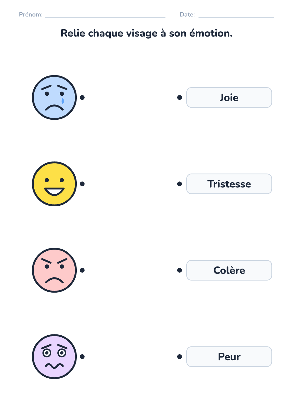 Émotions – fiche — relie visage et mot (facile, à imprimer)