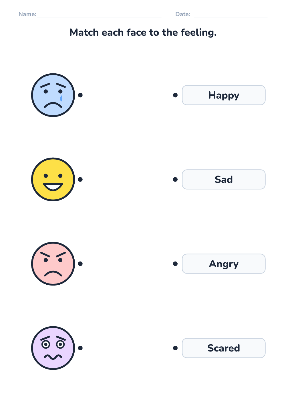Emotions worksheet — match face and word (easy, printable)