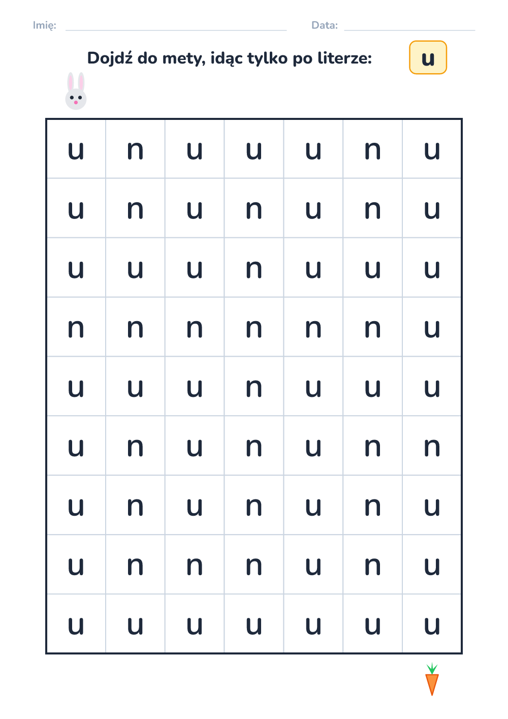 Labirynt literowy u (łatwy, do druku)