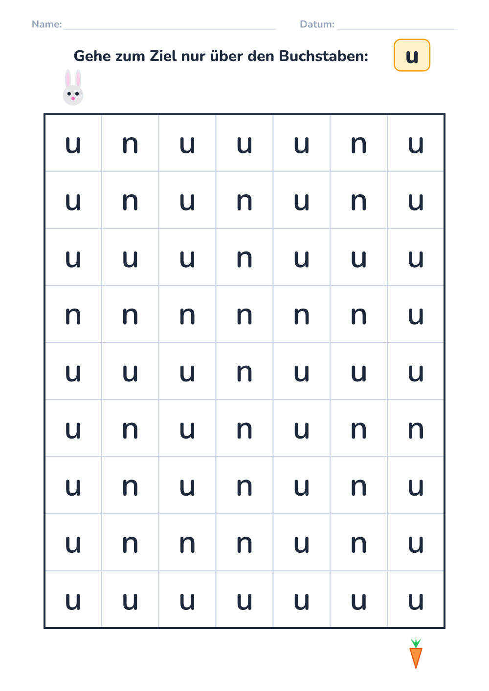 Buchstaben-Labyrinth u (leicht, zum Ausdrucken)