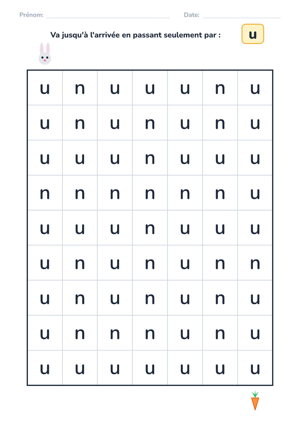 Labyrinthe de lettres u (facile, à imprimer)
