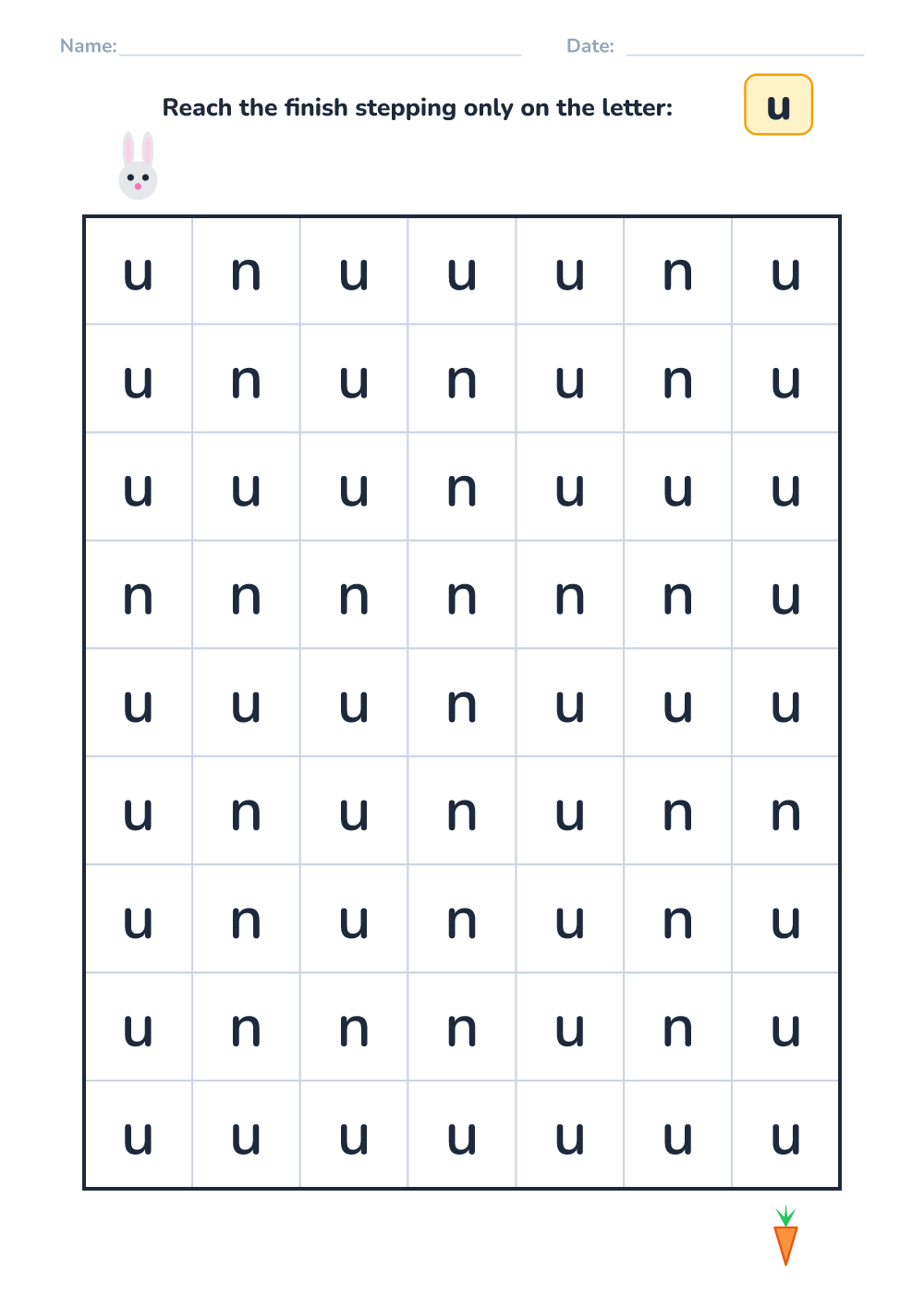 Letter maze u (easy, printable)