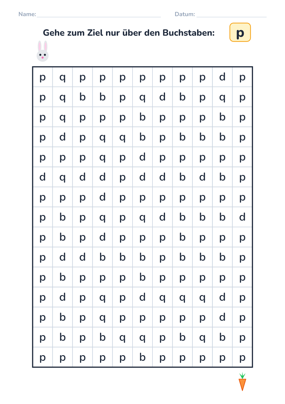Buchstaben-Labyrinth p (schwer, zum Ausdrucken)