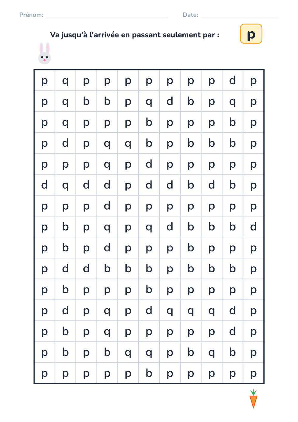 Labyrinthe de lettres p (difficile, à imprimer)