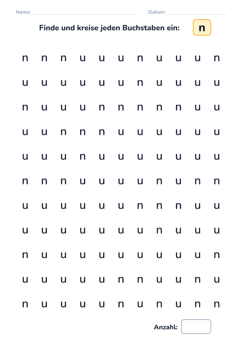 Buchstaben unterscheiden n (mittel, zum Ausdrucken)