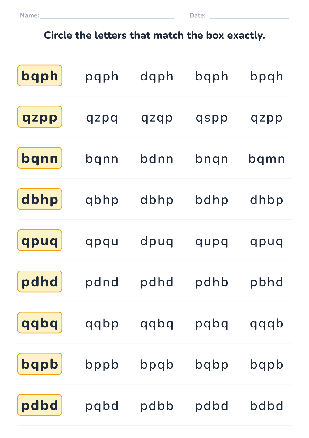 Letter sequence matching (medium, printable)