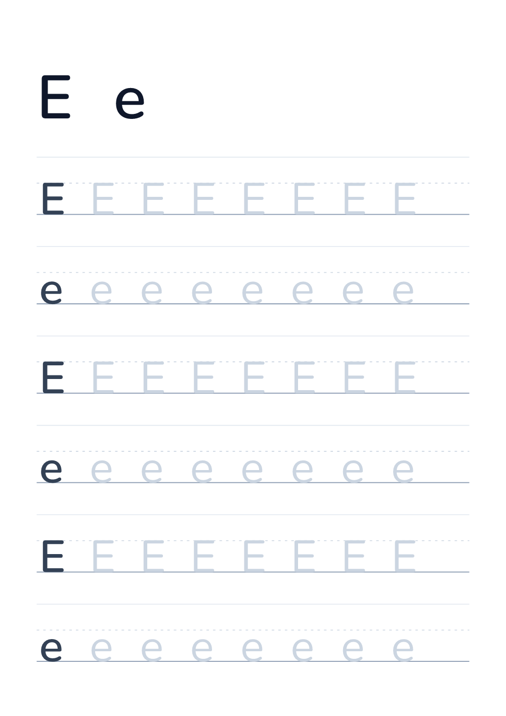 Imparare a scrivere la lettera E — alfabeto English (stampabile)