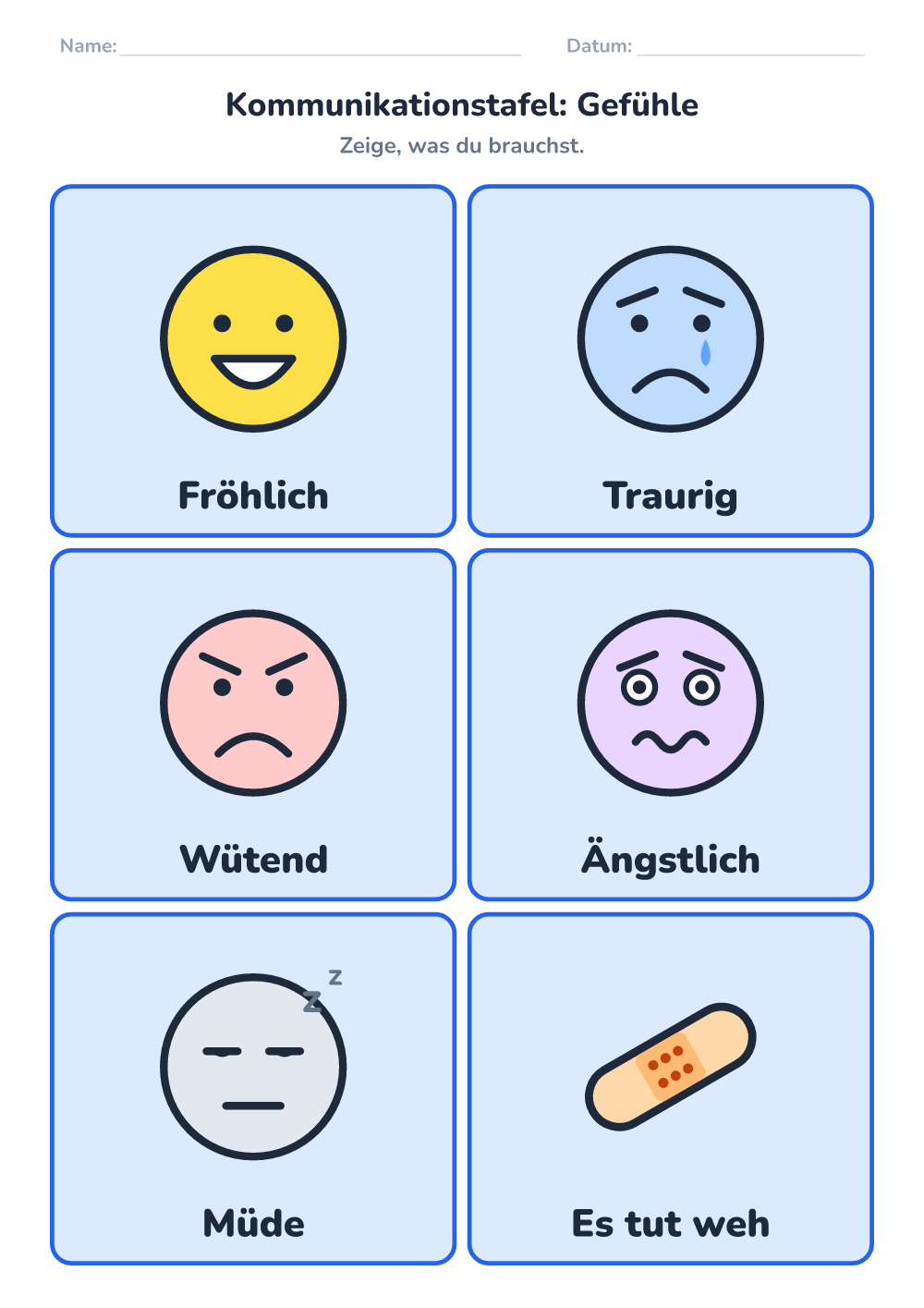 Kommunikationstafel — Gefühle (leicht, zum Ausdrucken)