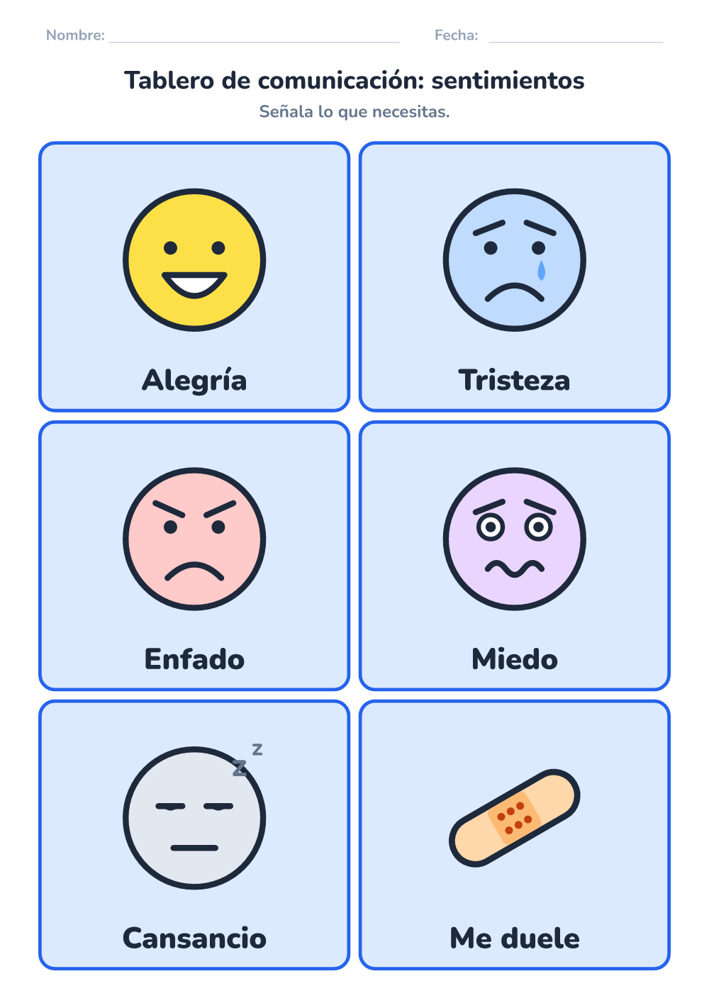 Tablero de comunicación — sentimientos (fácil, para imprimir)