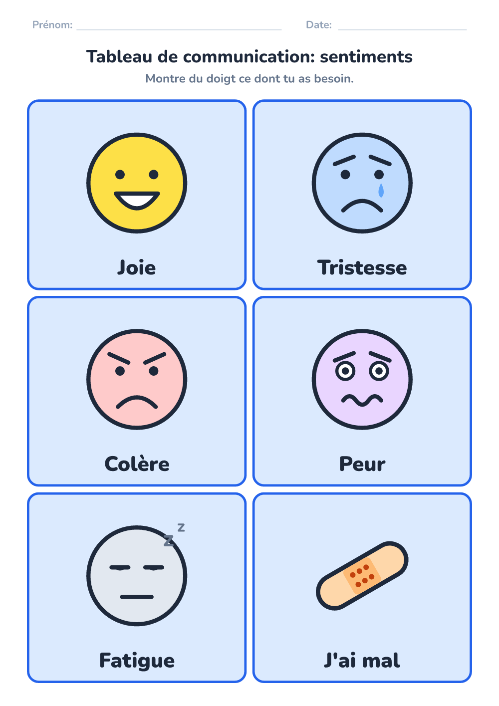 Tableau de communication — sentiments (facile, à imprimer)