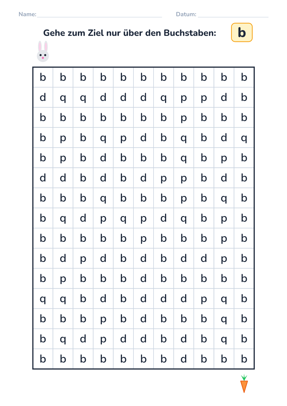 Buchstaben-Labyrinth b (schwer, zum Ausdrucken)