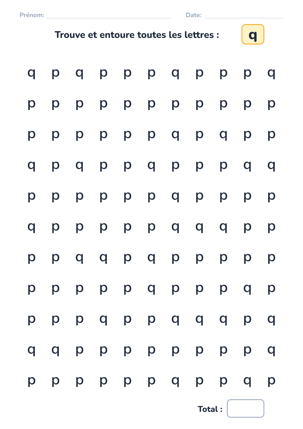 Discrimination des lettres q (moyen, à imprimer)