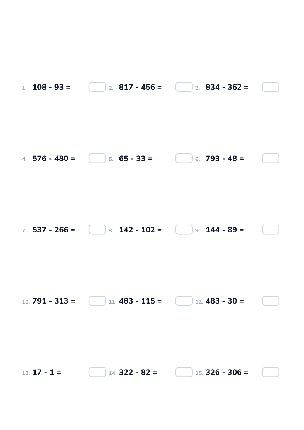 Math worksheet — Subtraction up to 1000, expert (printable)