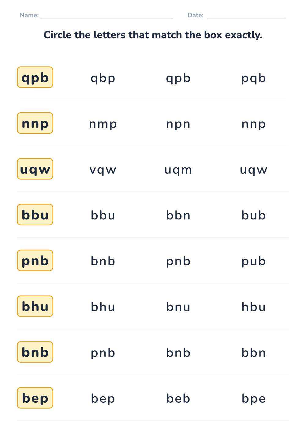 Letter sequence matching (easy, printable)