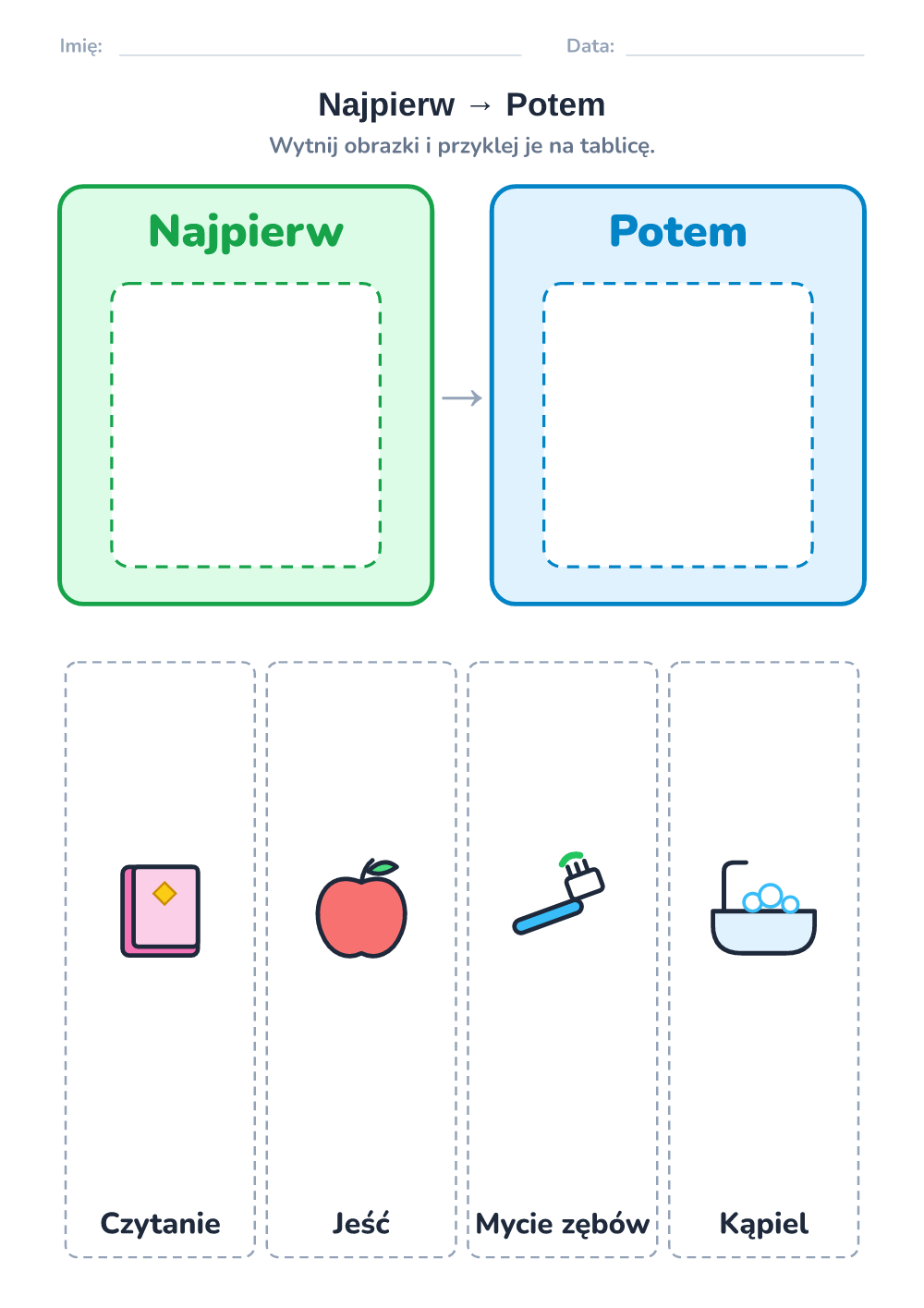 Plan dnia z obrazkami — najpierw – potem (łatwy, do druku)