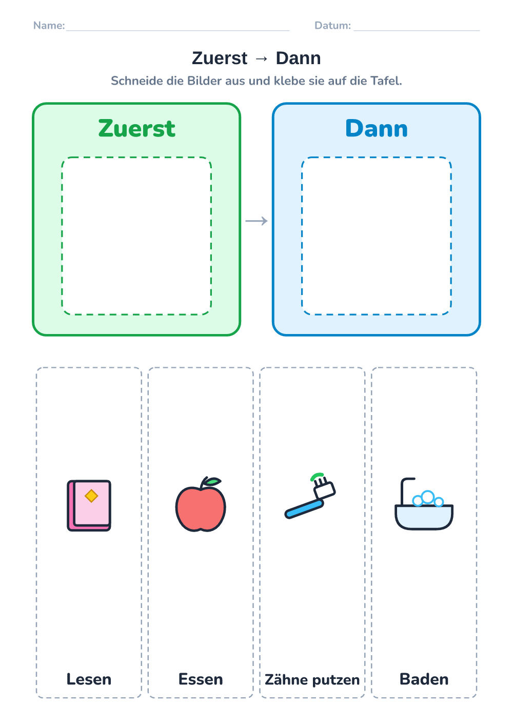 Bilder-Tagesplan — zuerst – dann (leicht, zum Ausdrucken)
