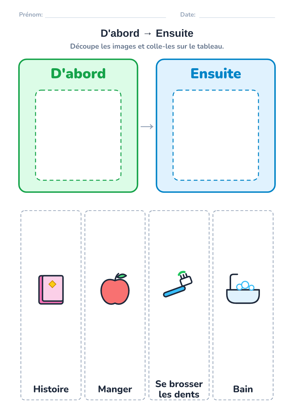 Emploi du temps visuel — d'abord – ensuite (facile, à imprimer)