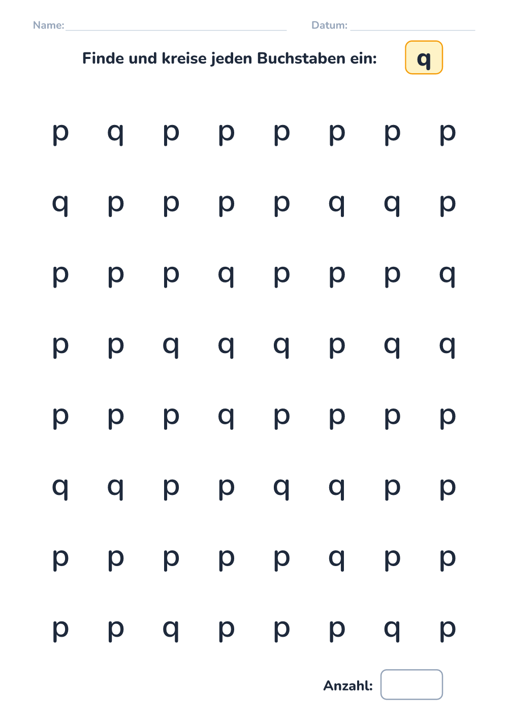 Buchstaben unterscheiden q (leicht, zum Ausdrucken)