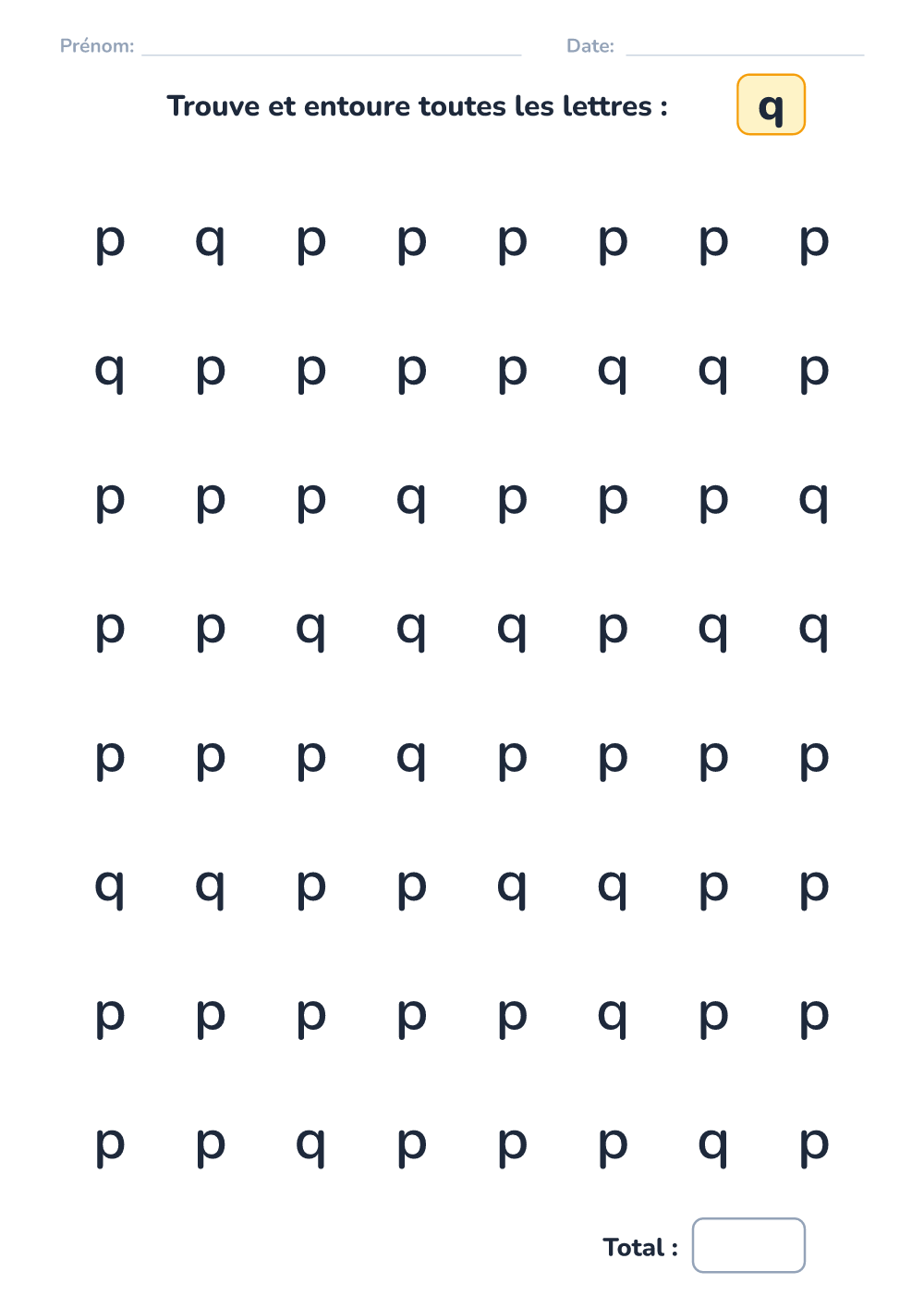 Discrimination des lettres q (facile, à imprimer)