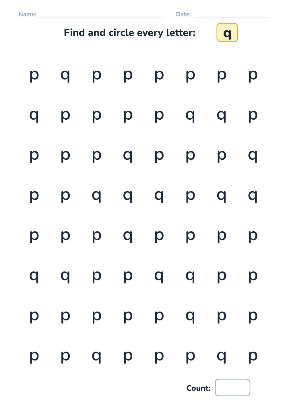 Letter discrimination q (easy, printable)