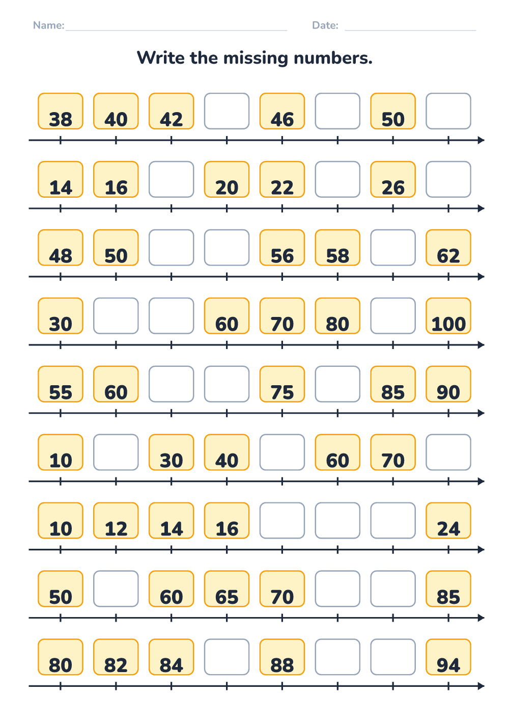 Missing numbers (hard, printable)