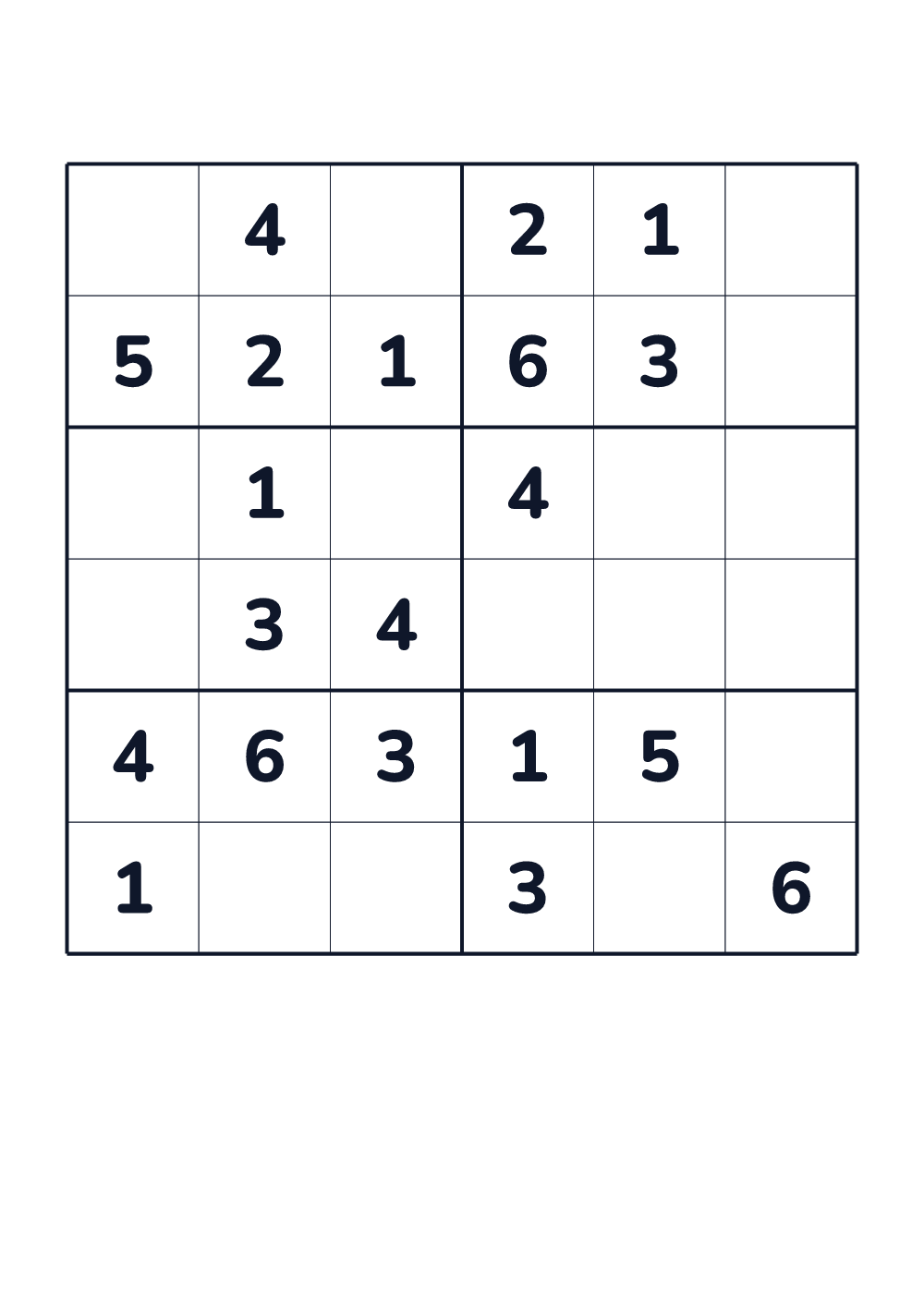 Sudoku 6x6 for kids age 6-8 (printable)