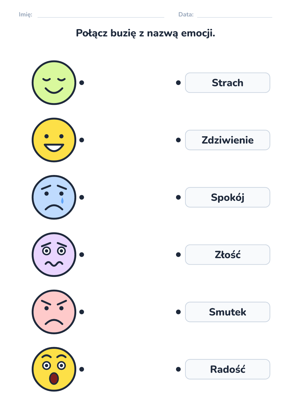 Emocje – karta pracy — połącz buzię z nazwą (średni, do druku)