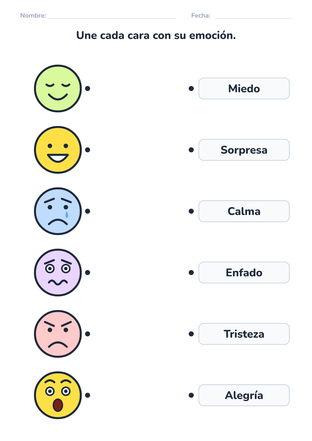 Emociones – ficha — une cara y nombre (medio, para imprimir)