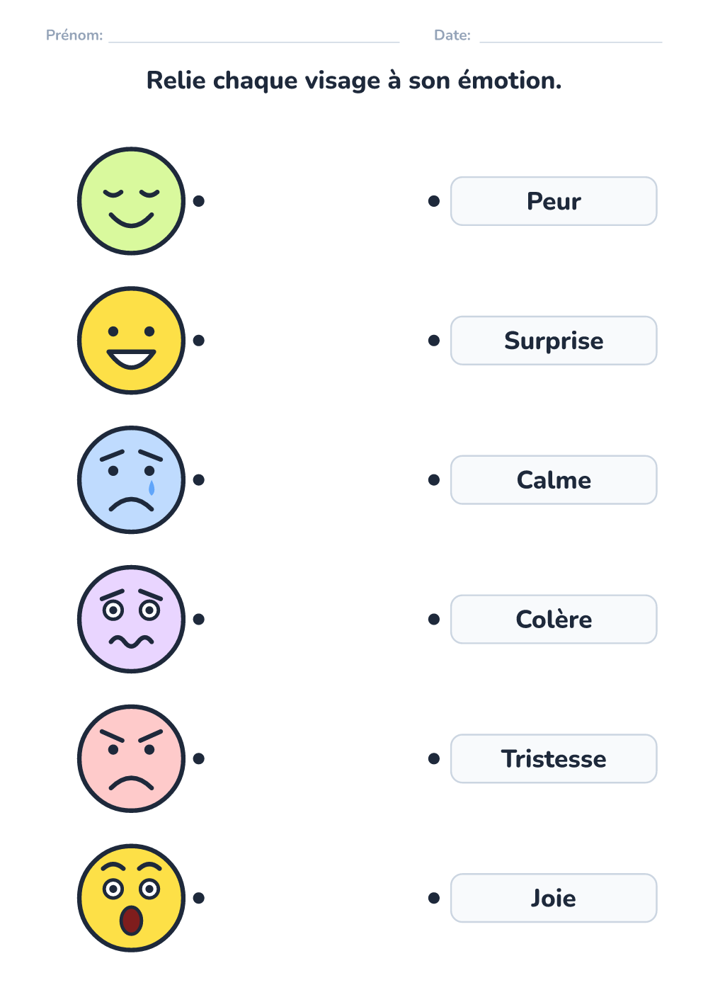 Émotions – fiche — relie visage et mot (moyen, à imprimer)