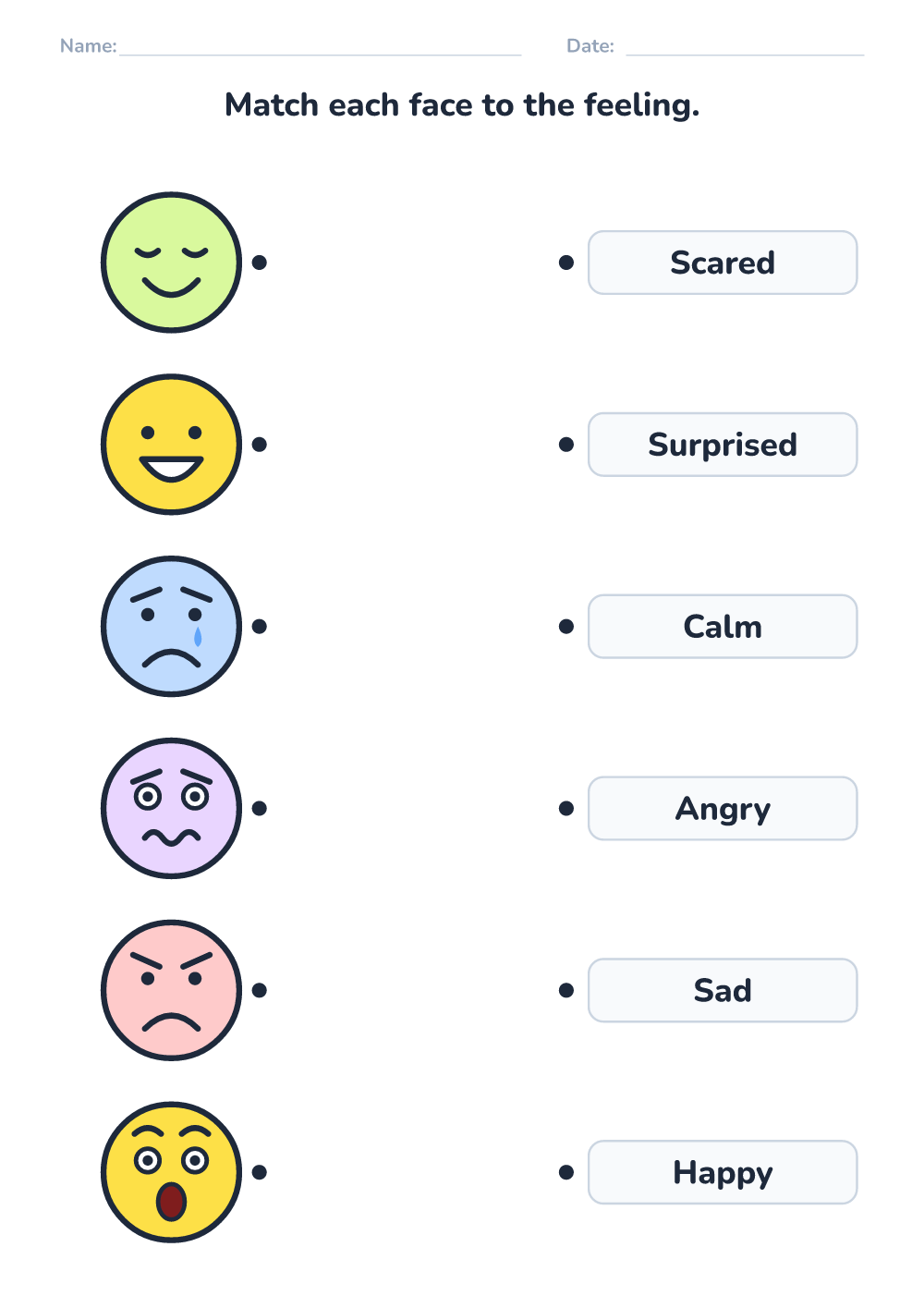 Emotions worksheet — match face and word (medium, printable)