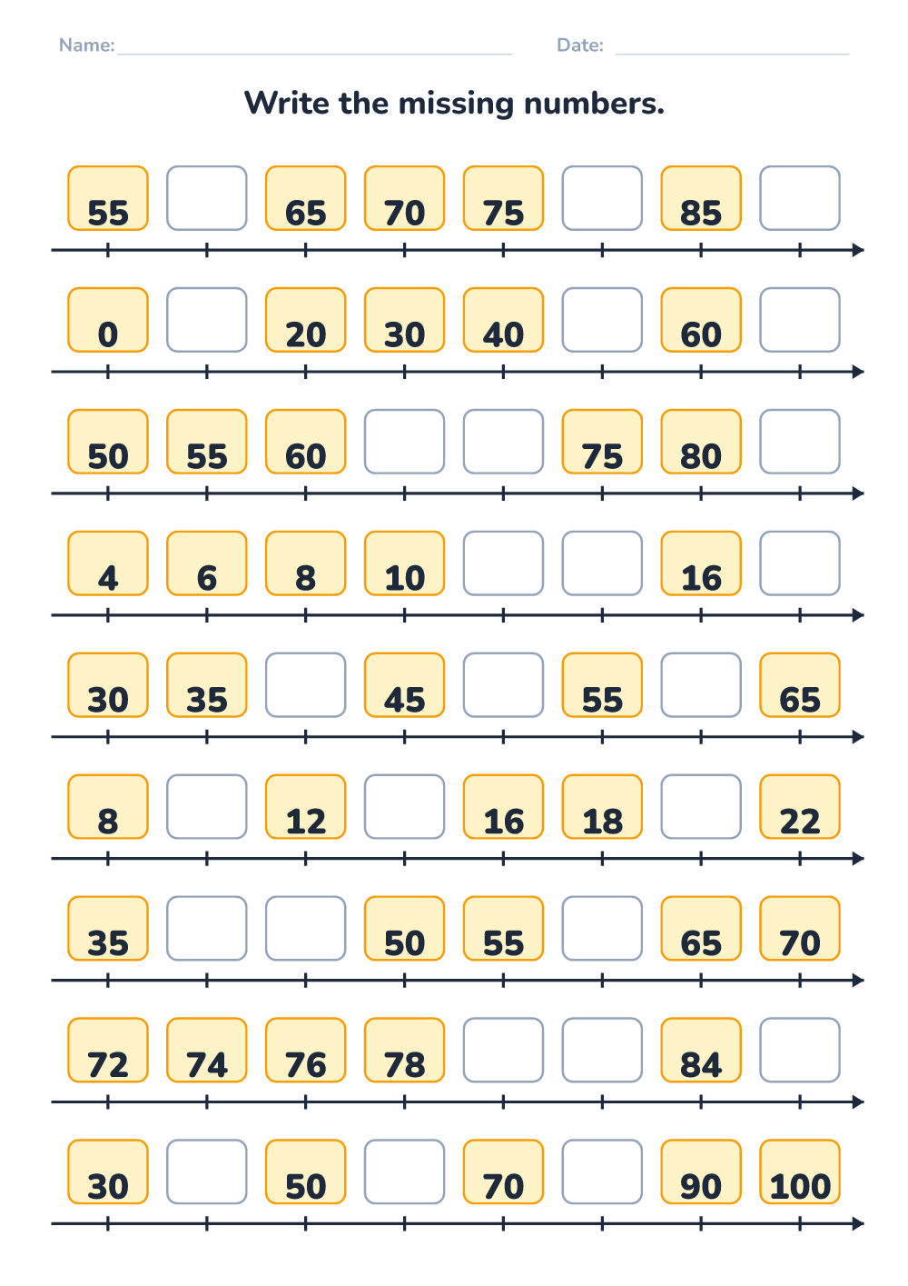 Missing numbers (hard, printable)