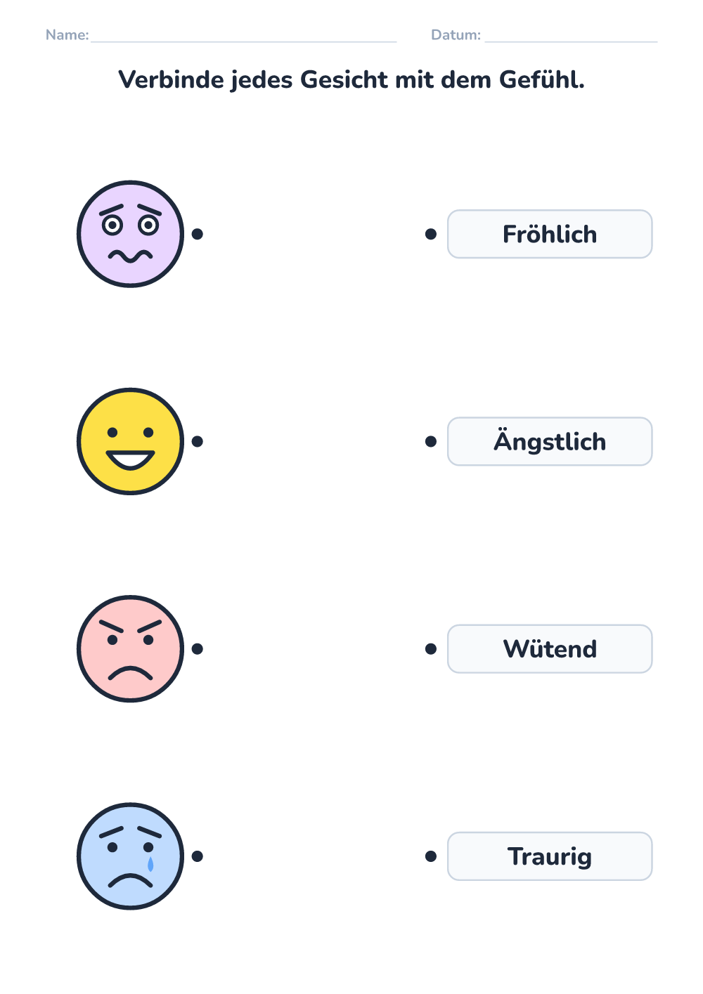 Gefühle – Arbeitsblatt — Gesicht und Wort verbinden (leicht, zum Ausdrucken)