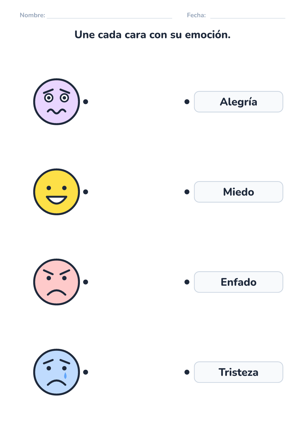 Emociones – ficha — une cara y nombre (fácil, para imprimir)